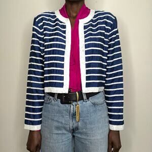VINTAGE | SCALA Navy Blue Silk Beaded Striped Cropped Bolero Jacket Size S/M